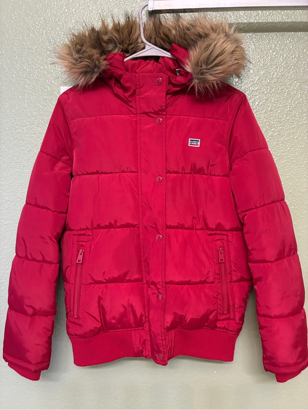 Levi's women Red Puffer Jacket with Faux Fur Hood